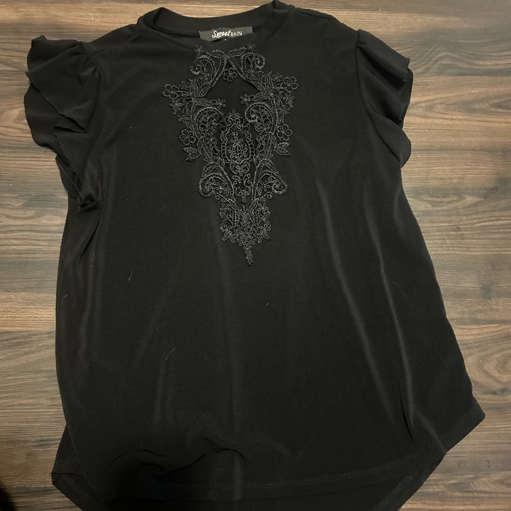 Sweet Rain Black Embellished Flutter Sleeve Tee